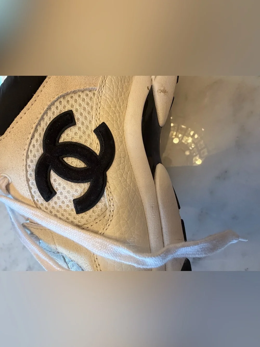 CHANEL Women’s White and Navy CC Logo Sneakers- size 42